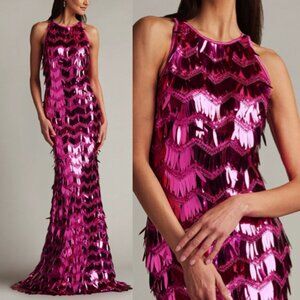 NWT SHO BY TADASHI SHOJI Madysin Sequin Fringe Gown Dress SCFH22151L Wild Pink 0